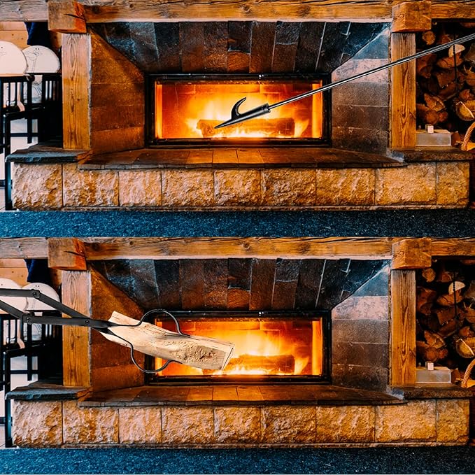 2Pcs Fire Poker and Fire Tongs Set, 32 inch Long Fireplace Poker Stick and 25 Inch Campfire Fireplace Tongs, Log Grabber Fire Pit Tools for Fireplace Wood Stove, Campfire, Bonfires, Indoor & Outdoor