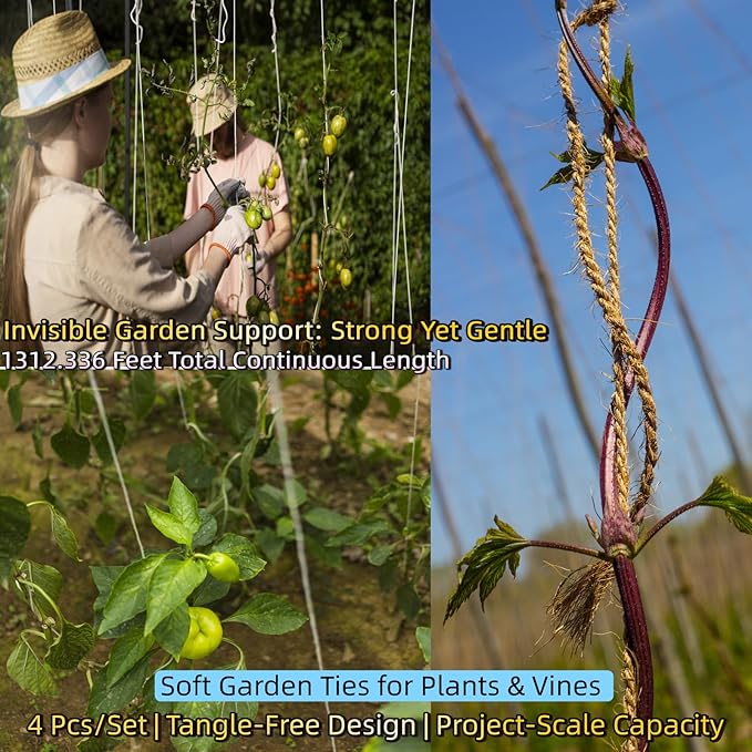 4 Pcs 1312.336 Feet 2mm Brown Jute Twine String - 3 Ply Natural Garden Twine for Plants, Crafts, Gift Wrapping, Packing - Heavy Duty Plant Ties for Tomatoes, Climbing Plants, DIY Projects
