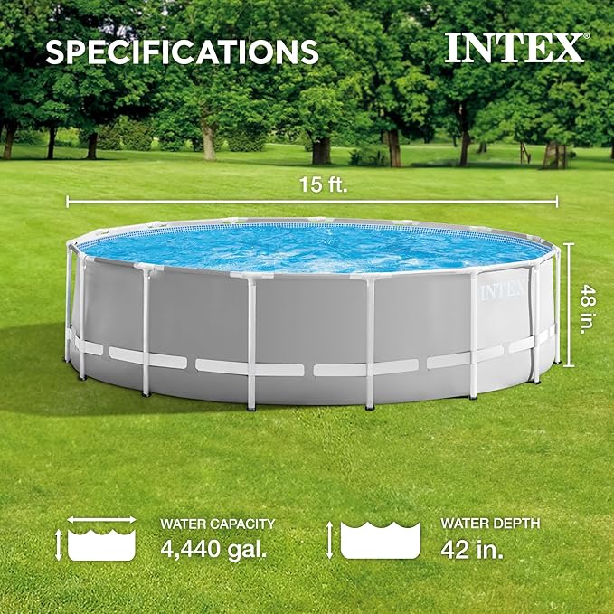 INTEX 26725EH Prism Frame Premium Above Ground Swimming Pool Set: 15ft x 48in – Includes 1000 GPH Cartridge Filter Pump – Removable Ladder – Pool Cover – Ground Cloth