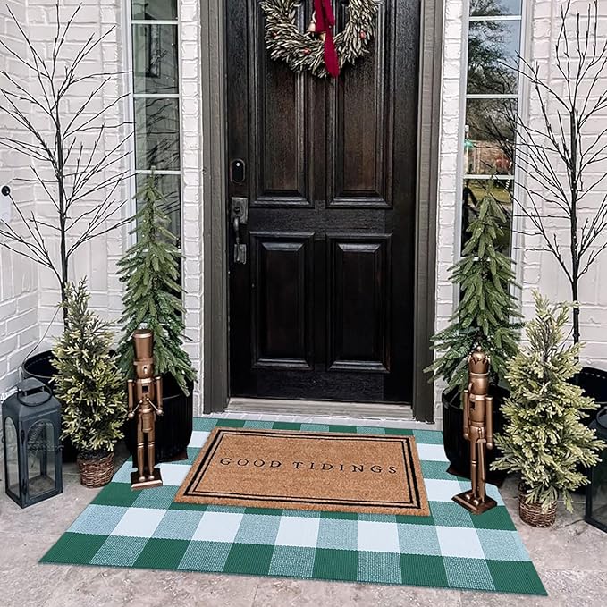 CAINANEL Green and White Buffalo Plaid Outdoor Rug Spring Door Mat Layering Rug Welcome Doormats for Spring Easter Farmhouse Entrance Porch Outdoors Decor