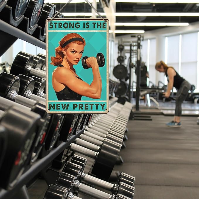 PEACHGARDEN Gym Decor Workout Room Vintage Metal Sign for Home Gym Wall Art Strong is The New Pretty Fitness Poster Motivational Workout Room 8x12inch