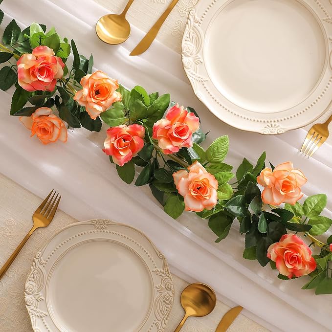 JUSTOYOU 2 Pack (15.8FT) Fake Rose Garland, Artificial Rose Vines Flowers Hanging Silk Rose Vine Wedding Home Backdrop Party Arch Arrangement Decoration