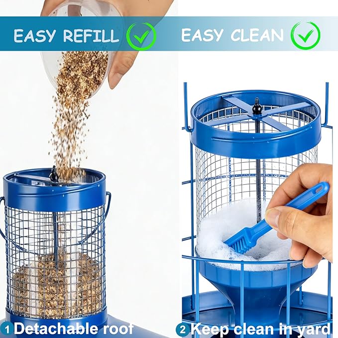 Squirrel Proof Caged Mealworm Bluebird Feeder with Detachable Grille, Easy Refill and Clean, Attract Wild Blue Bird Small Birds Outdoor Hanging, Metal Tube Feeders with Tray Life Time Support