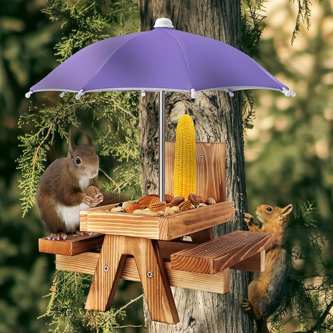 Gnodary Squirrel Feeder with Umbrella, Squirrel Feeders for Outside, Squirrel Picnic Table Feeder - Chipmunk Feeder Hold Corn, Corn Cob, Peanuts (Purple)