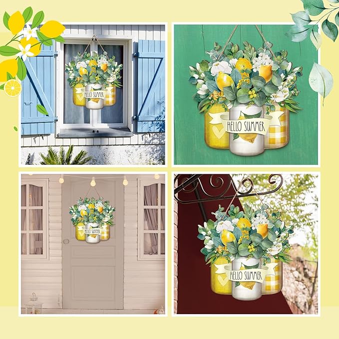 Karenhi Hello Summer Welcome Wooden Sign for Front Door Hello Wooden Hanger Summer Door Sign Wood Spring Hanging Decorations Farmhouse Porch Decor for Outdoor Housewarming Gift