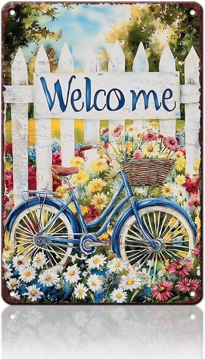 Spring Garden Vintage Tin Sign Bike Welcome Gardening Metal Sign for Home Garden Greenhouse Living Room Bedroom Outdoor Decor 12x16inch