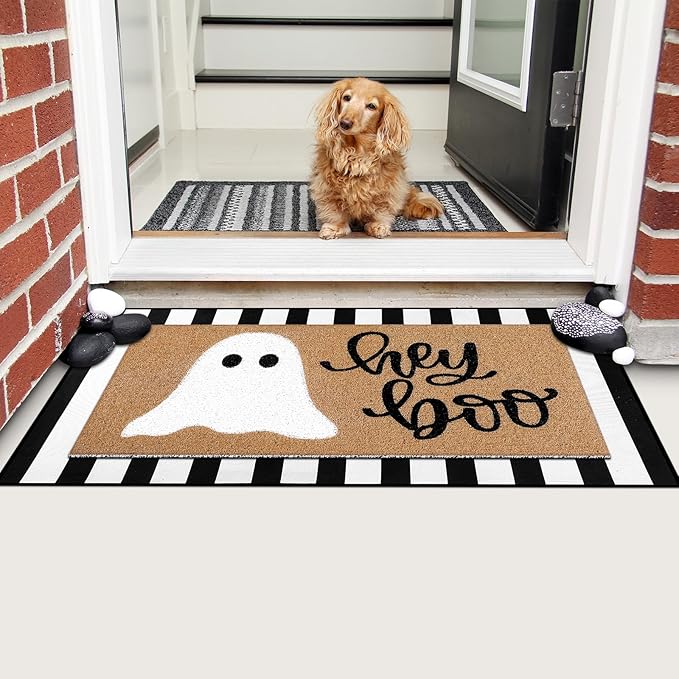 Tinideya 2 Pcs Halloween Doormat Hey Boo Ghost Outdoor Welcome Mats for Front Door Non Slip Ghost Coir Floor Mat Black White Stripe Halloween Rug for Outside Front Porch Entryway Decor
