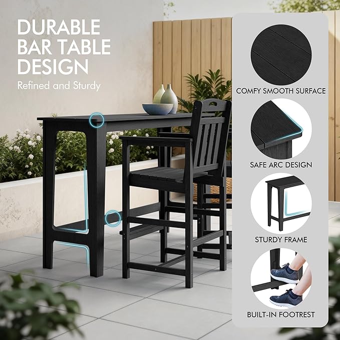 Ciokea 3 Pcs Outdoor Bar Height Table Set, 60" Extra Long Rectangle High Top Table and 2 Oversized Adirondack Chairs Set, Heavy-Duty All-Weather HDPE Patio Bar Set for Backyard Balcony Deck, Black