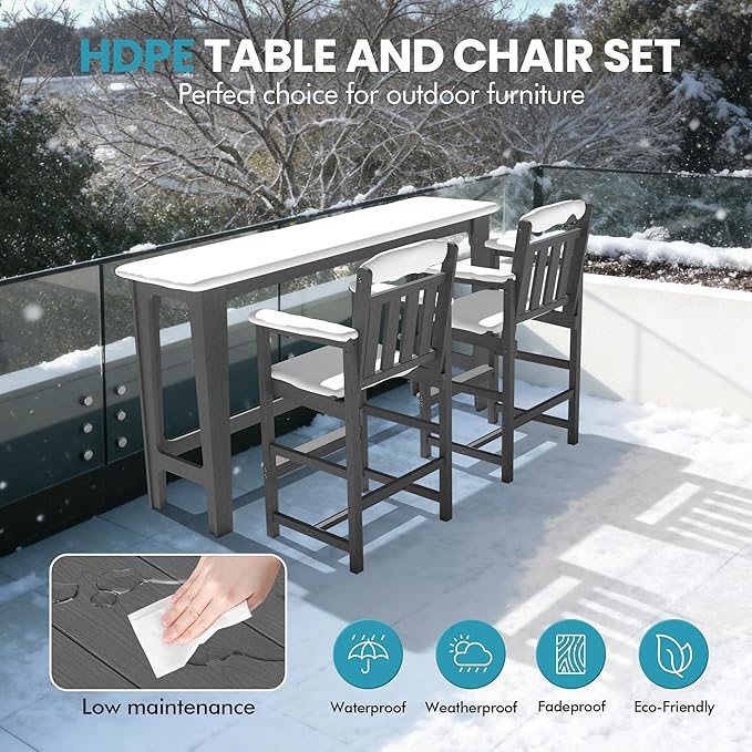 Ciokea 3 Pcs Outdoor Bar Height Table Set, 60" Extra Long Rectangle High Top Table and 2 Oversized Adirondack Chairs Set, Heavy-Duty All-Weather HDPE Patio Bar Set for Backyard Balcony Deck,Grey