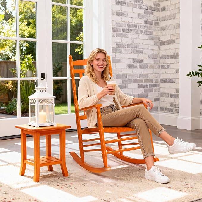VINGLI Wooden Rocking Chair Outdoor, Patio Rockers with High Back, Support 450 LBS Rocking Chairs, for Porch, Patio, Balcony, Garden, Yard (Orange, 1 PC)