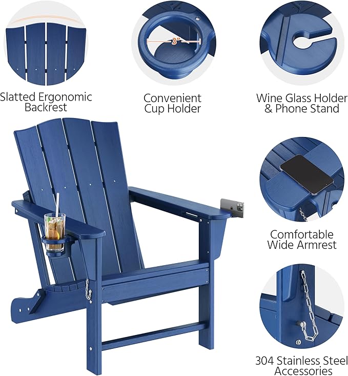 Yaheetech Folding Adirondack Chair Outdoor, HDPE Weather Resistant with Cup/Mobile Phone Holder for Deck, Patio, Pool, Backyard, 380lb Weight Capacity, Easy Assembly, Navy Blue