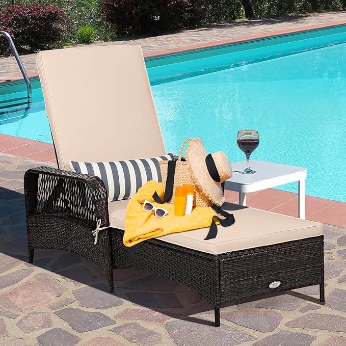 Tangkula Wicker Chaise Lounge Outdoor, Patio Rattan Reclining Chaise with 6-Gear Adjustable Backrest, Thick Padded Cushion & Removable Lumbar Pillow, Pool Lounge Chairs for Outside Balcony Backyard