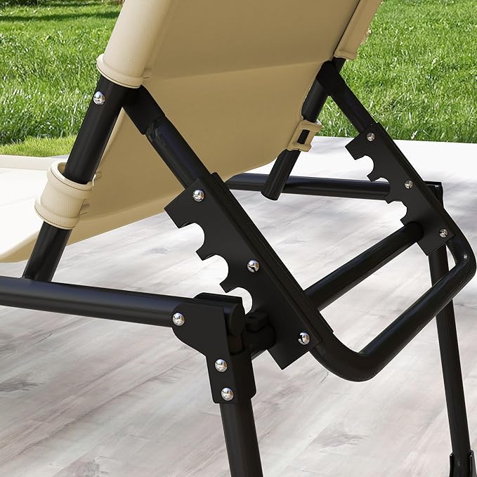 Outsunny Outdoor Lounge Chair, Adjustable Backrest Folding Chaise Lounge, Cushioned Tanning Chair with Sunshade Roof & Pillow Headrest for Beach, Camping, Hiking, Cream White