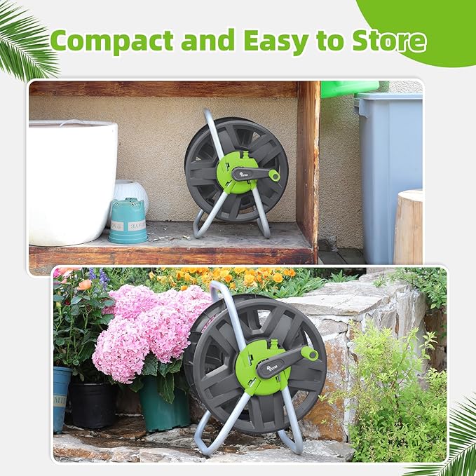 Water Hose Reel Cart, Holds 60-80 Ft of 5/8 Inch Hose, Green Wall Mounted Garden Hose Cart, Portable Hose Reel for Convenient Storage and Watering