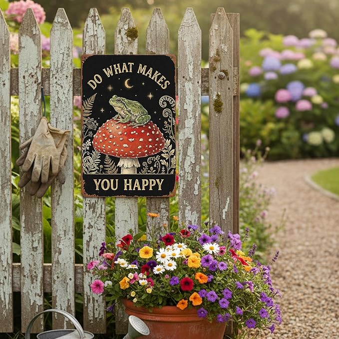 Goblincore Room Decor Tin Sign - "Do What Makes You Happy" Frog on Mushroom Art - Metal Sign 8x12 Vintage Cottagecore Wall Plaque for Shed, Bedroom, Dorm, Bathroom
