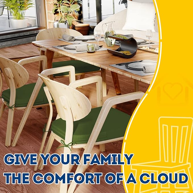 AAAAAcessories D-Shaped Chair Cushions, 2" Thick Dining Chair Pads with Ties and Removable, Machine-Washable Cover, 17" x 16", Set of 4, Dark Olive Green