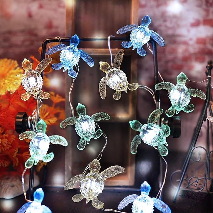 Beach Theme Outdoor Solar Sea Turtle String Lights – 40 LED 14ft Nautical Décor for Balcony, Porch, Fence - Waterproof Garden Night Lights Coastal Marine Life Décor Ocean-Inspired Lighting
