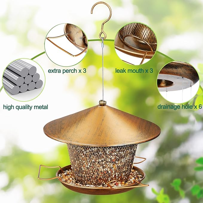Bird Feeder for Outdoor Hanging, All Metal Weatherproof Wild Bird Feeder with 9.8" Roof, 3.5 LBs Seeds Capacity, Easy to Clean & Refill