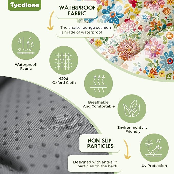Outdoor Chaise Lounge Chair Cushion Waterproof 74.4 x 22 x 4.7 Inches Memory Foam Lounge Chair Cushions for Outdoor Furniture with Ties, Thickened Pool Lounger Cushion, Colorful Daisy