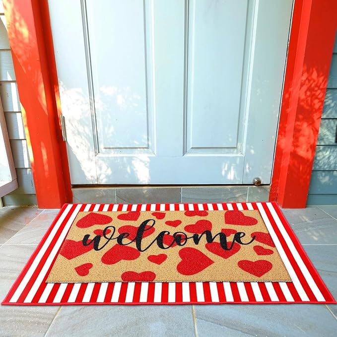 Tinideya 2 Pcs Valentines Welcome Door Mat Heart Outdoor Welcome Mats for Front Door Non Slip Heart Coir Floor Mat Red White Stripe Valentines Rug for Outside Front Porch Entryway Decor