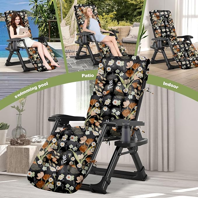 Zero Gravity Chair Cushion Outdoor Chaise Lounge Chair Cushion Waterproof 66 x 21 x 4 Inches Cotton with Ties, Soft Thickened Indoor Outdoor Furniture (Black Peony)