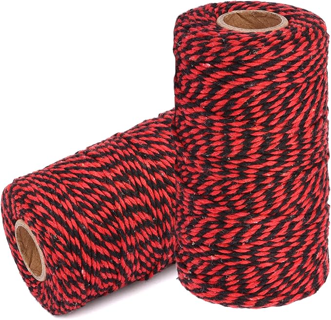 Cotton Twine String Bakers Rope: 2 Roll Twines for Crafts Gift Wrapping - 656 Feet Red Black Twine for Kitchen Cooking