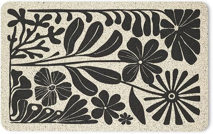 Boho Beige and Black Floral Door Mat - Bohemian Neutral Floral Front Door Welcome Mats Outdoor Entrance, 17x30 Rug