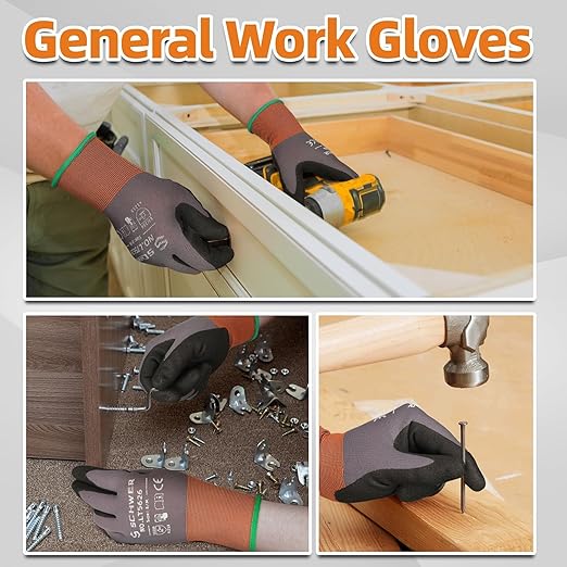 Schwer 6 Pairs Safety Work Gloves Sandy Nitrile Coated LT5626, Max Abrasion Resistant Heavy Duty Working Gloves with Grip for Men Women, Touch-Screen, for General Use, Mechanic, Construction, M