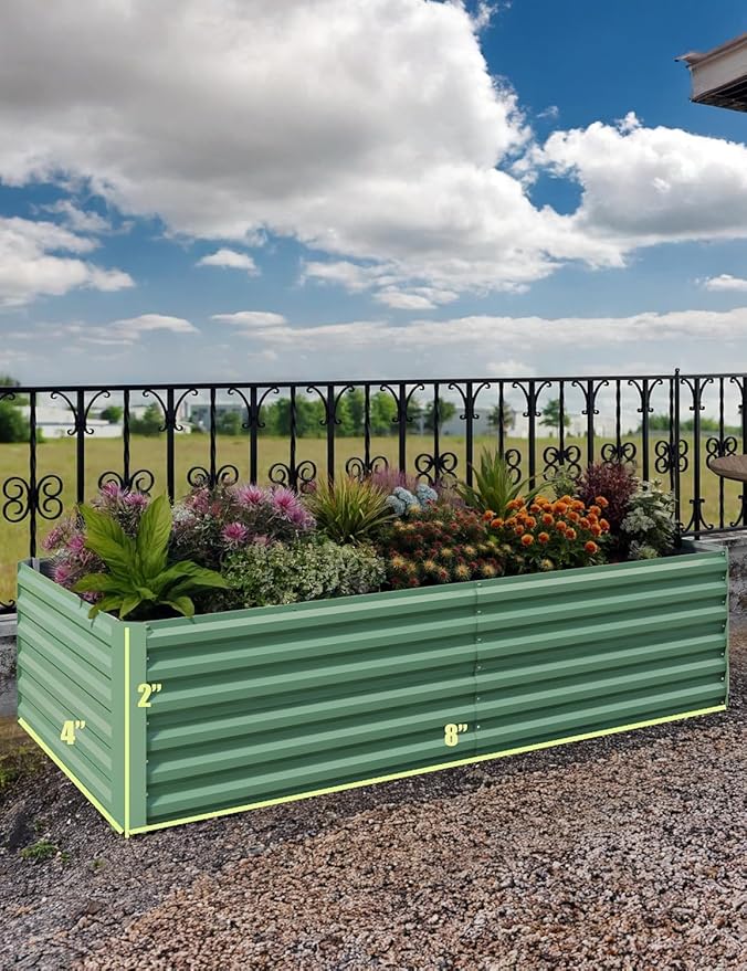IDEALHOUSE 8x4x2 Ft Galvanized Metal Raised Garden Bed, 24-Inch Tall Heavy Duty Planter Box for Vegetables, Herbs & Flowers, Rust-Resistant Outdoor Gardening Bed, Green