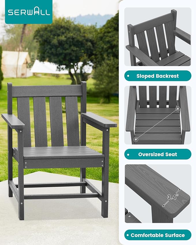 SEWRWALL Patio Furniture Set, HDPE Material All Weather Use Adirondack Chair Set with Side Table for Balcony, Porch, Garden, Backyard- Gray