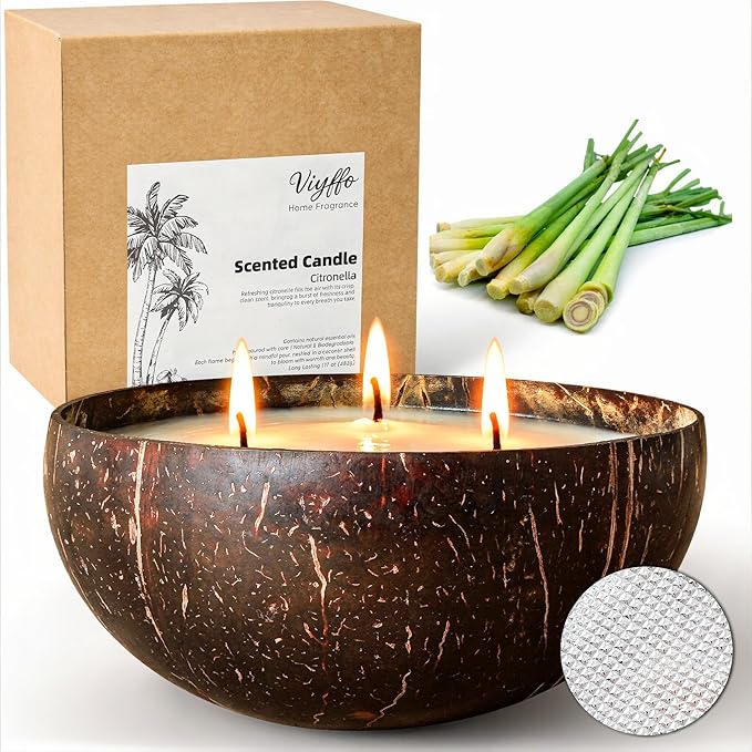 Viyffo Large Citronella Candles Outdoor, 3 Wick 18oz Citronella Candle Indoor, Non Toxic Soy Scented Candle, Natural Coconut Shell Jar for Patio, Deck, Garden, Backyard & Camping, Home Décor & Gift