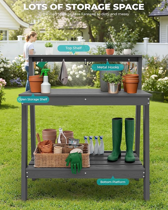 SERWALL Potting Bench Outdoor with Storage, 3-Tier HDPE Gardening Table with Angled Legs & Tool Hooks, All-Weather Heavy Duty Potting Table for Patio, Backyard, Garden, Gray