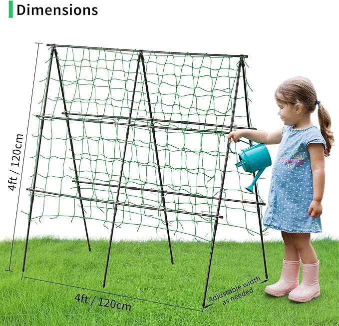 Lalahoni Cucumber Trellis, 4ft x 4ft Metal A-Frame Garden Trellis Climbing Plant Outdoor Support Fruit Grape Vine Vegetable Tomato Pea Bean Cucumber Trellis Raised Bed, with Netting, Black