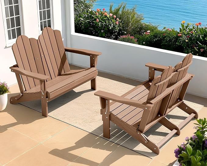 SERWALL Folding Adirondack Bench, HDPE All-Weather Adirondack Loveseat Set of 2, Brown