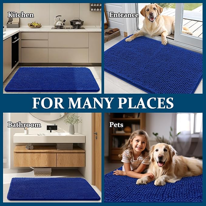 OLANLY Dog Door Mat for Muddy Paws 45x27, Absorbs Moisture and Dirt, Absorbent Non-Slip Washable Doormat, Quick Dry Chenille Mud Mat for Dogs, Entry Indoor Entryway Carpet for Inside Floor, Royal Blue