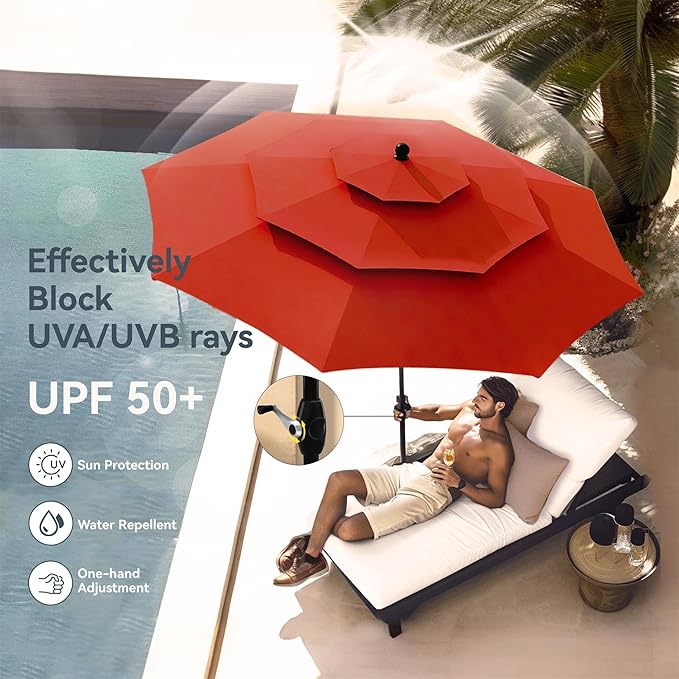 PHI VILLA Outdoor Dining Set 6 PCS with 10ft 3-Layer Round Umbrella(Orange Red),1 Square 37"x 37"Dining Table,4 Bistro Chairs& 10ft Patio Umbrella