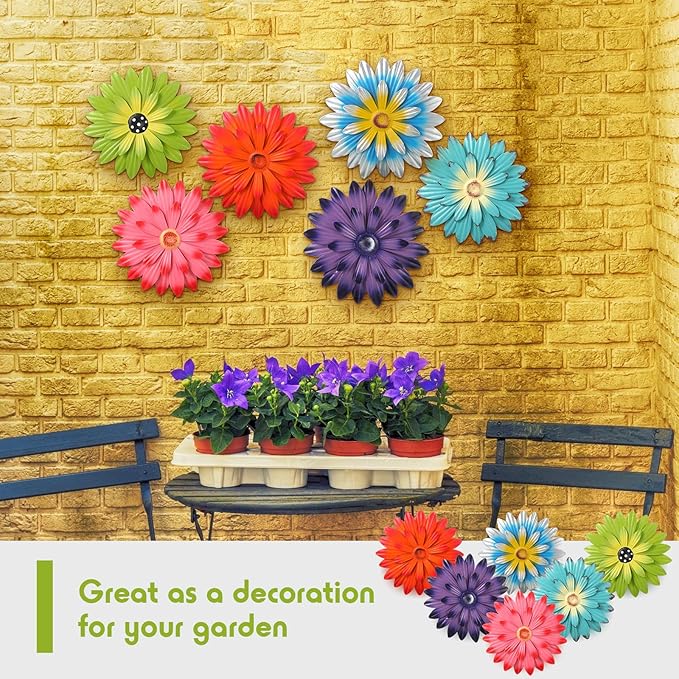 Zhehao 6 Pcs Metal Flower Wall Art Decor 8 Inch Sunflower Wall Decorations Hanging Outdoor Art Multicolored Handmade Metal Flowers Outdoor Decor(Vivid Color)