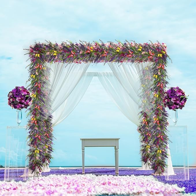6.5 Ft Artificial Lavender Purple Garland Spring Summer Lavender Wild Flower Butterflies Wreath Swags Vine for Wedding Arch Porch Stair Table Indoor Door Home Mantle Fireplace All Year Decoration