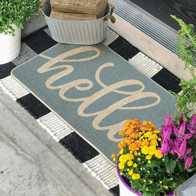 Artoid Mode Blue Hello Winter Doormat, Christmas Home Decor Low-Profile Switch Rug Door Mat Floor Mat for Indoor Outdoor 17x29 Inch