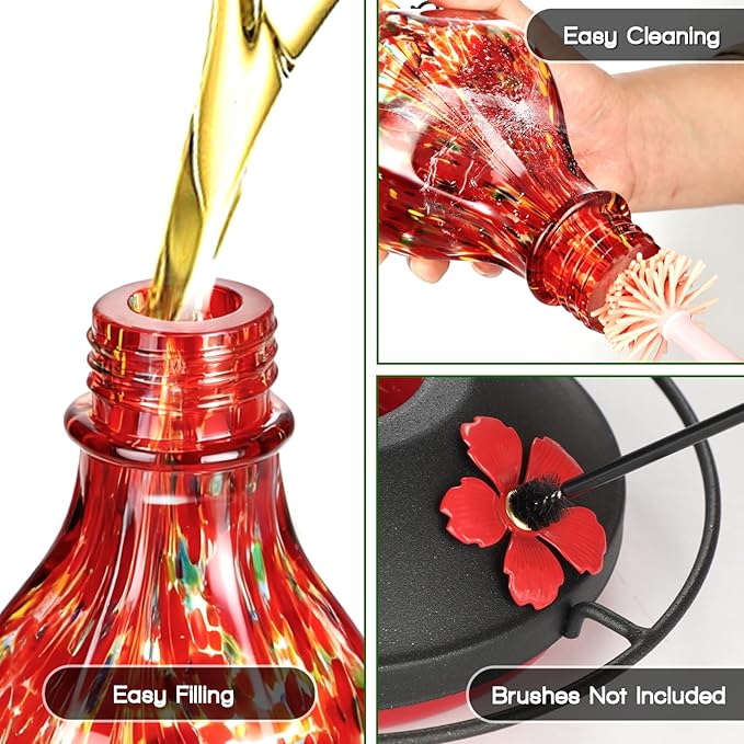Hand Blown Glass Hummingbird Feeders for Outdoors Hanging, 24oz Wild Bird Nectar Feeder with Ant Moat and Perch, Bee-Resistant Ports, Garden Decor, Gifts for Women Mom, 1 Pack, Red Polka Dots