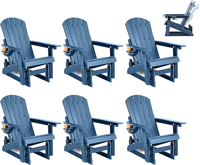 3-Position Adjustable Adirondack Chair with Cup Holder Set of 6, HDPE All-Weather Outdoor Glider Chair, Wood-Grain Fire Pit Chairs for Pool, Yard, Deck (Blue)