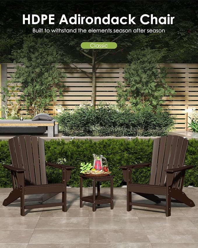 GREENVINES Adirondack Chairs Set of 2 | Wood Grain HDPE Plastic | Oversized Fire Pit Chair | All Weather | Dark Brown | Poly Lumber | for Outdoor Deck Backyard Patio Garden
