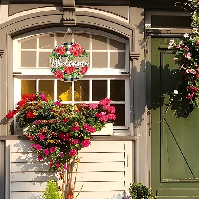 Deroro Welcome Spring Summer Geranium Flower Front Door Sign, Red Floral Buffalo Plaid Check Wood Door Hanger Outdoor Outside Porch Decor, Farmhouse Rustic Wooden Wreath Indoor Wall Hanging Decoration