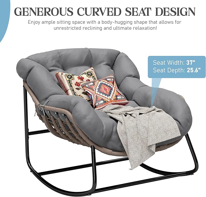 Fancyango Oversized Egg Rocking Chair for Indoor/Outdoor – All-Weather Wicker Rattan Lounge Chair with Cushion, Patio Rocker for Porch, Garden, or Balcony (Grey, 37''Dx37.4''Wx31.5''H)