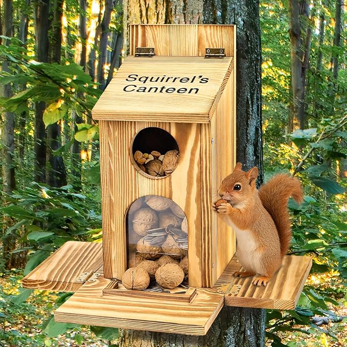 Squirrel Feeder with Standing Panel - Requires Assembly, Wooden Nut Bar Squirrel Feeders for Outside, Backyard, Wildlife, Durable Chipmunk Feeder Box for Peanut, Nuts