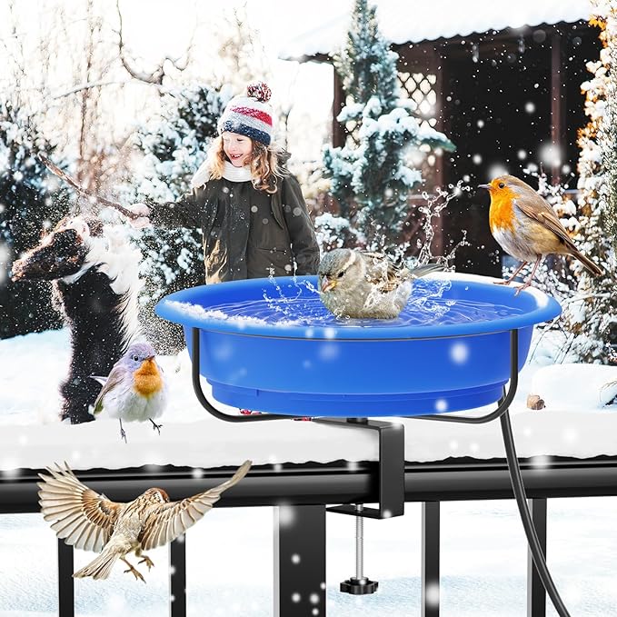 Heated Bird Baths for Outdoors Winter,100W Thermostatically Controlled Heated Bird Bath for Deck Railing Adjustable Metal Clamp Heated Birdbath for Outside Garden Patio Yard Lawn(Blue)