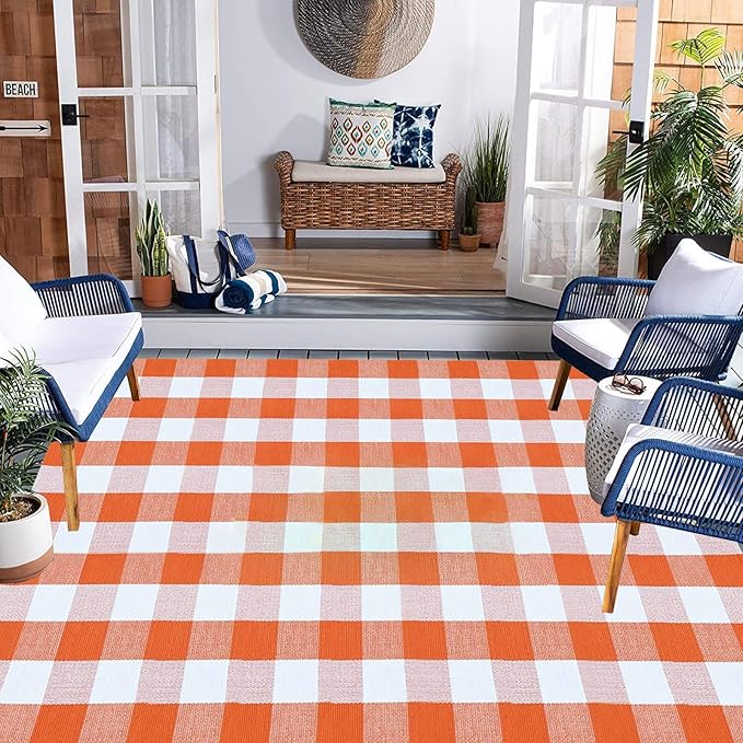Fall Outdoor Rug Orange Buffalo Plaid Outdoor Rug Cotton Hand-Woven Buffalo Check Rug Layered Doormats for Front Door/Front Porch/Farmhouse/Entryway/Patio