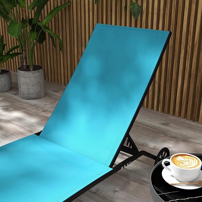 Outsunny Chaise Lounge Outdoor, 2 Piece Lounge Chair with Wheels, Tanning Chair with 5 Adjustable Positions for Patio, Beach, Yard, Pool, Blue