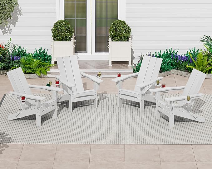 SERWALL Modern Folding Adirondack Chair Set of 4, All Weather Resistant Outdoor Adirondack Chair with Cup Holders, HDPE Adirondack Chair for Patio Lawn Garden, White