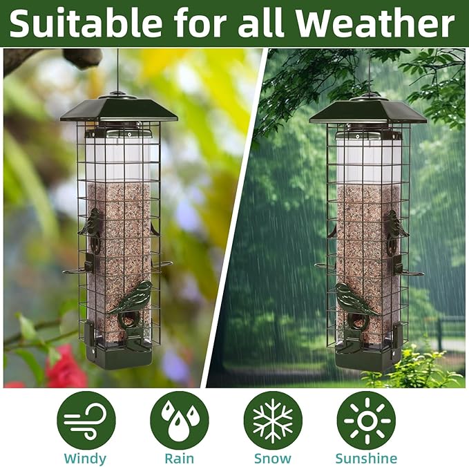 Squirrel Proof Bird Feeder, Metal Mesh Bird Feeder for Outside, Large Capacity and 4 Ports Perches (Green)